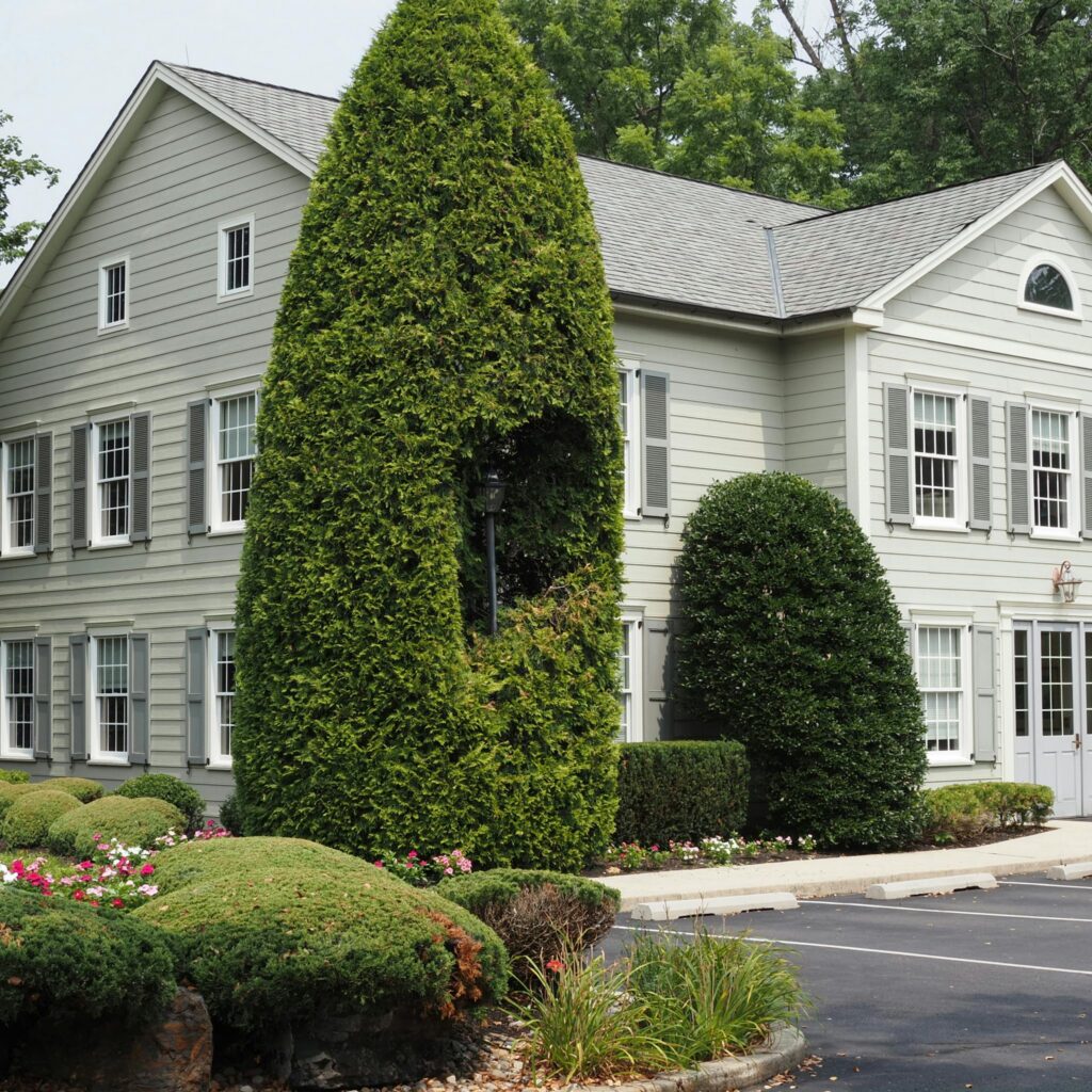 Suburban house with well-maintained yard and unique tree trimming in a calm neighborhood.